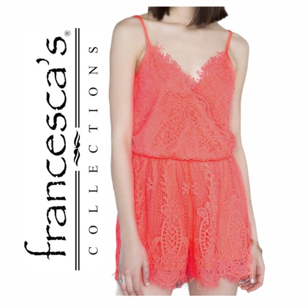 EUC Francesca’s Neon Pink/Orange Crochet Romper